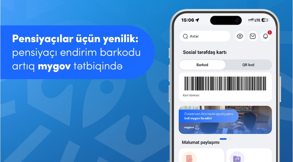 Pensiyaçılar üçün endirim barkodu artıq mygov mobil tətbiqindədir!